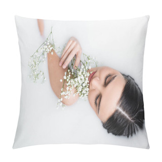 Personality  Top View Of Young, Sensual Woman Enjoying Milk Bath With Gypsophila Flowers Pillow Covers