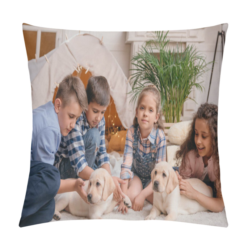 Personality  Multiethnic Children With Labrador Puppies Pillow Covers