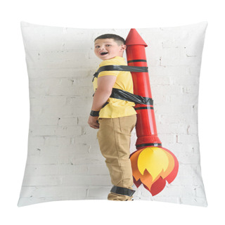 Personality  Smiling Pre-adolescent Boy Standing With Rocket Toy On Back At Home Pillow Covers