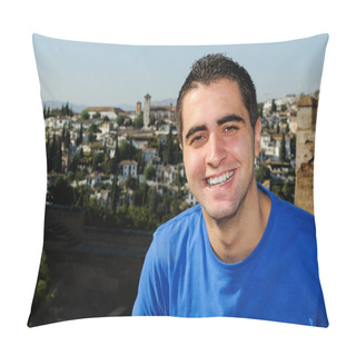 Personality  Attractive Smiling Man Portrait In Urban Background Pillow Covers
