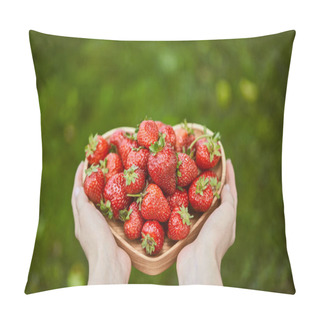 Personality  Cropped View Of Woman Holding Heart Shaped Plate With Raw Strawberries Pillow Covers