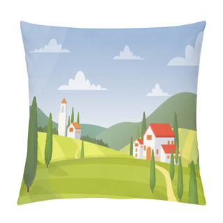 Personality  Rural Landscape Panorama Flat Vector Illustration. Italy Farmland Buildings And Green Meadow At Daytime. Countryside Houses Exterior. Cottages On Nature. Field And Blue Sky Scenery. Country Villa. Pillow Covers