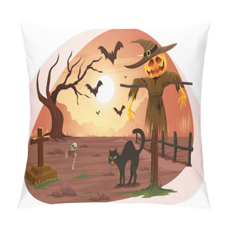 Personality  Halloween Scary Pumpkin Face Man In Graveyard Vector Illustration. Pillow Covers