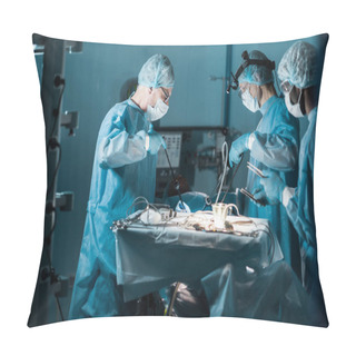 Personality  Side View Of Multiethnic Surgeons Operating Patient In Operating Room Pillow Covers