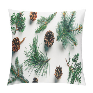 Personality  Flat Lay With Green Branches And Pine Cones Arranged On White Backdrop Pillow Covers