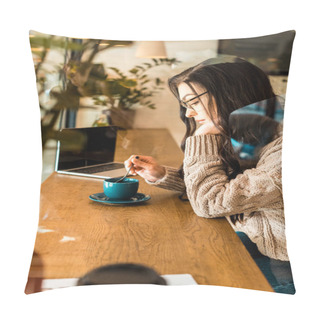Personality  Side View Of Beautiful Brunette Woman In Glasses Sitting In Cafe With Cup Of Tea Pillow Covers