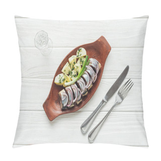 Personality  Top View Of Marinated Herring, Potatoes And Onions In Earthenware Plate With Glass Of Vodka And Cutlery On White Wooden Background Pillow Covers