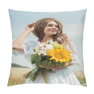 Personality  Portrait Of Smiling Woman In White Dress With Bouquet Of Wild Flowers In Field Pillow Covers