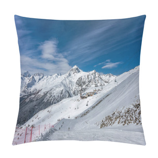 Personality  Cafe And Restaurants On A Ski Slope In Winter Sunny Day Against Mt. Semenov-Bashi. Dombay Ski Resort, Karachai-Cherkess, Western Caucasus, Russia. Pillow Covers