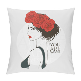 Personality  Portrait Of Young Beautiful Woman With Red Roses In Hair. Vector Hand Drawn Illustration. Pillow Covers