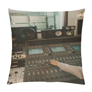 Personality  Cropped Shot Of Sound Producer Working With Graphic Equalizer At Studio Pillow Covers
