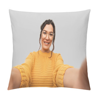 Personality  Smiling Woman With Pierced Nose Taking Selfie Pillow Covers