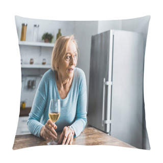 Personality  Lonely Senior Woman Holding Wine Glass In Kitchen And Looking Away Pillow Covers
