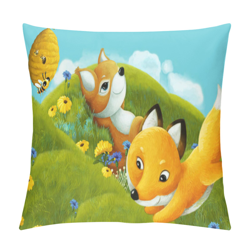 Personality  cartoon scene with forest animal on the meadow having fun - illustration for children pillow covers