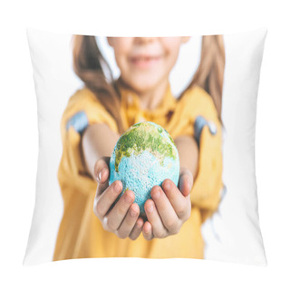 Personality  Selective Focus Of Cute Child Holding Globe Model In Stretched Hands Isolated On White, Earth Day Concept Pillow Covers