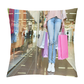 Personality  Close-up Of Woman In Casual Clothing Standing With Shopping Bags In The Modern Shopping Center Pillow Covers