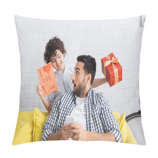 Personality  Muslim Boy Holding I Love You Dad Card And Present Near Amazed Father  Pillow Covers