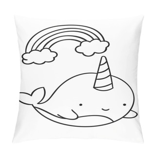 Personality  Coloring Pages, Black And White Cute Kawaii Hand Drawn Narwhal And Rainbow Doodles, Print Pillow Covers