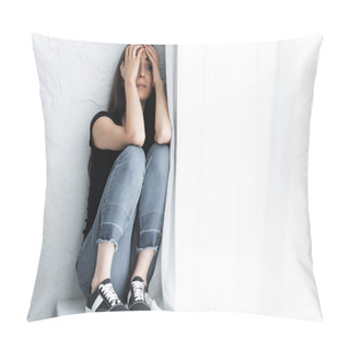 Personality  Scared Young Woman Suffering From Panic Attack While Sitting On Window Sill And Covering Face With Hands Pillow Covers