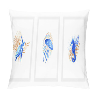 Personality  Ocean Life. Set Of Blue Posters With Ocean Watercolor Motives. Pillow Covers