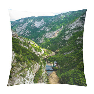 Personality  Aerial View Of Bridge Between Mountains And House In Piva Canyon In Montenegro Pillow Covers