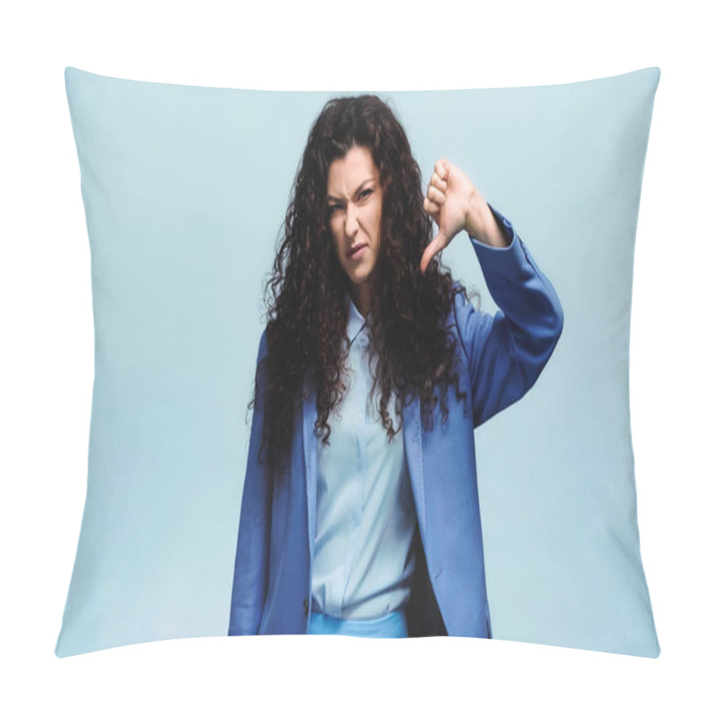 Personality  Displeased Woman Feeling Disgusted And Showing Thumb Down Isolated On Blue Pillow Covers