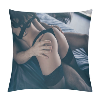 Personality  Cropped Photo Of Two Tender Partners People Hot Naughty Game Lady Black Pantyhose Bikini On-top Guy Touch Her Fit Perfect Ass Having Pleasure Bed Linen House Indoors Pillow Covers