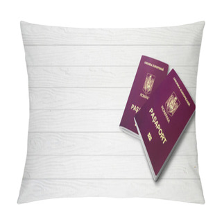 Personality  Romanian Passports On Wood Lines Background Banner With Copy Space - 3D Illustration Pillow Covers