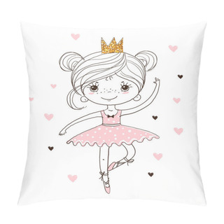 Personality  Cute Little Ballerina In Tutu And Pointe Shoes. The Princess Girl Is Dancing In A Pink Dress. A Beautiful Linear Poster About The Ballet For The Nursery. Doodle Vector Illustration Pillow Covers