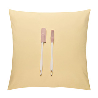 Personality  Top View Of Silicone Spatula And Bakery Brush On Yellow Background Pillow Covers