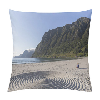 Personality  Symbol, Woman Beside Concentric Circles Drawn In The Beach Sand, White Sand, Blue Water, Clear Blue Sky Pillow Covers