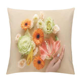 Personality  Top View Of Spring Flowers And Female Hand On Beige Background Pillow Covers