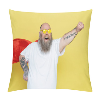 Personality  Thrilled Overweight Man In Superhero Cape And Glasses With Sale Lettering Shouting Isolated On Yellow Pillow Covers