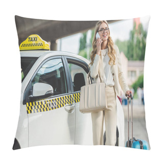 Personality  Smiling Blonde Woman In Eyeglasses Talking By Smartphone While Standing With Suitcase Near Taxi Cab  Pillow Covers