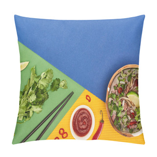 Personality  Top View Of Pho In Bowl Near Chopsticks, Lime, Chili And Coriander On Blue, Yellow, Green Background Pillow Covers