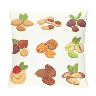 Personality  Set Vector Icons Nuts In Cartoon Style. Nut Food Collection. Peanut, Hazelnut, Pistachio, Cashew, Pecan, Walnut, Brazil Nut, Almond And Acorn Pillow Covers