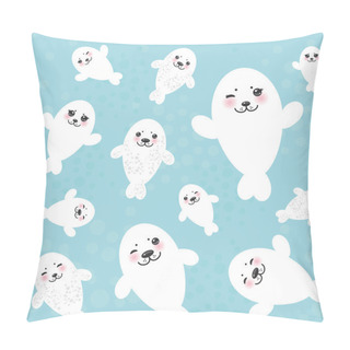 Personality  Seamless Pattern Funny White Fur Seal Pups, Cute Winking Seals With Pink Cheeks And Big Eyes. Kawaii Albino Animals On Blue Background. Vector Pillow Covers