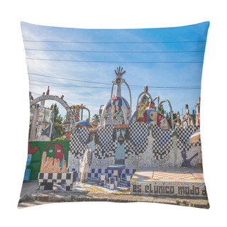 Personality  Havana, Cuba-October 08, 2016. Entrance To The House Of Jose Fuster On October 08, 2016 In Jaimanitas, Neighborhood Of Havana, Cuba, More Commonly Known As Fusterlandia For The Colorful Mosaics. Pillow Covers