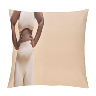 Personality  Banner Of Cropped Plus Size Woman In Underwear, Body Positive And Female Empowerment Concept Pillow Covers