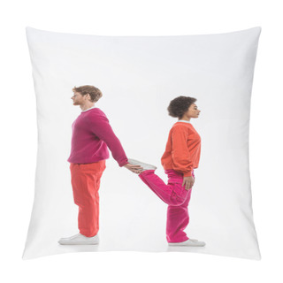 Personality  Side View Of Interracial Couple In Magenta Color Clothes Showing N Letter On White Background  Pillow Covers