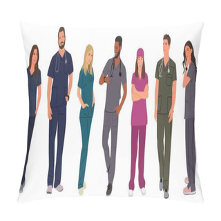 Personality  Set Of Smiling Doctors, Nurses, Paramedics. Different Male And Female Medic Workers In Uniform Scrubs With Stethoscopes. Flat Cartoon Realistic Vector Illustration Isolated On Transparent Background.  Pillow Covers
