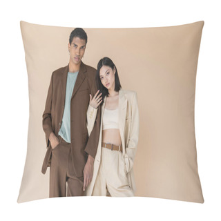 Personality  Young Multiethnic Couple In Trendy Pantsuits Posing With Hands In Pockets Isolated On Beige Pillow Covers