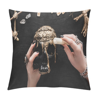 Personality  Cropped View Of Woman Holding Candle Above Skull Near Runes And Crystals On Black  Pillow Covers