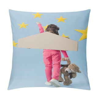 Personality  Back View Of Kid With Cardboard Wings Holding Teddy Bear On Blue Starry Background Pillow Covers
