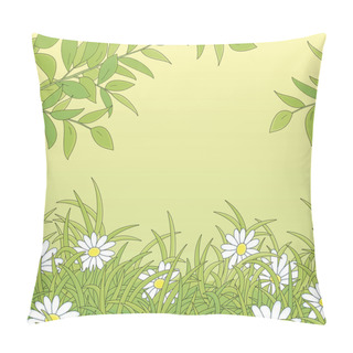 Personality  Natural Spring Background With Green Tree Branches Over Beautiful White Flowers Among Thick Green Grass On A Forest Glade, Vector Cartoon Illustration Pillow Covers