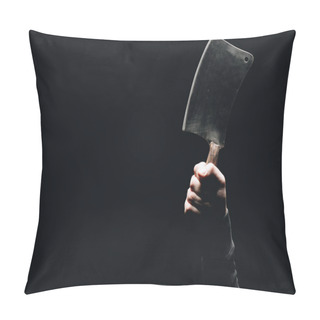 Personality  Cropped Shot Of Human Hand Holding Meat Knife Isolated On Black Pillow Covers