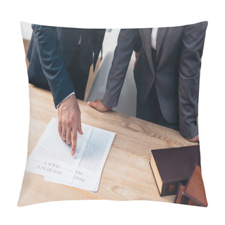 Personality  Cropped View Of Lawyer Pointing With Finger At Documents With Insurance Policy Lettering Near Businesswoman In Office Pillow Covers