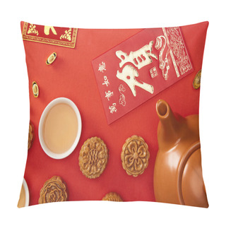 Personality  Top View Of Traditional Mooncakes With Chinese Hieroglyphs And Tea Isolated On Red Pillow Covers