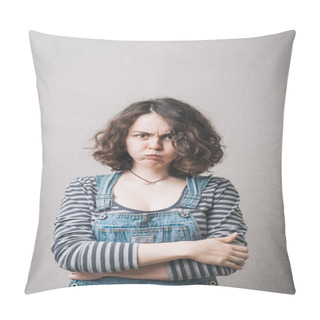 Personality  The Woman Puffed Out His Cheeks, Offended. On A Gray Background. Pillow Covers