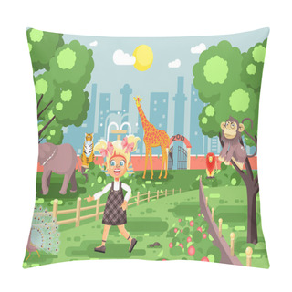 Personality  Vector Illustration Banner For Site With Schoolchild On Walk, School Zoo Excursion Zoological Garden, Blonde Little Girl Monkey, Peacock, Elephant, Lion, Tiger, Giraffe, Wild Animals Flat Style Pillow Covers